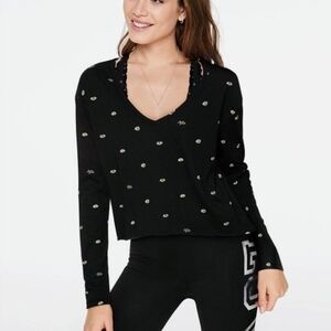 PINK Long Sleeve Black Crop Lip Print Top Size S